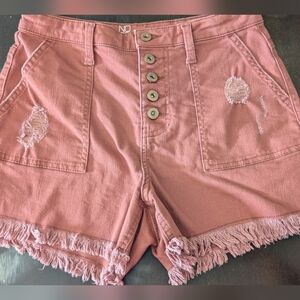 NOBO Dusty Rose Button-Front Frayed Hem Jean Shorts Size 9 High Waisted